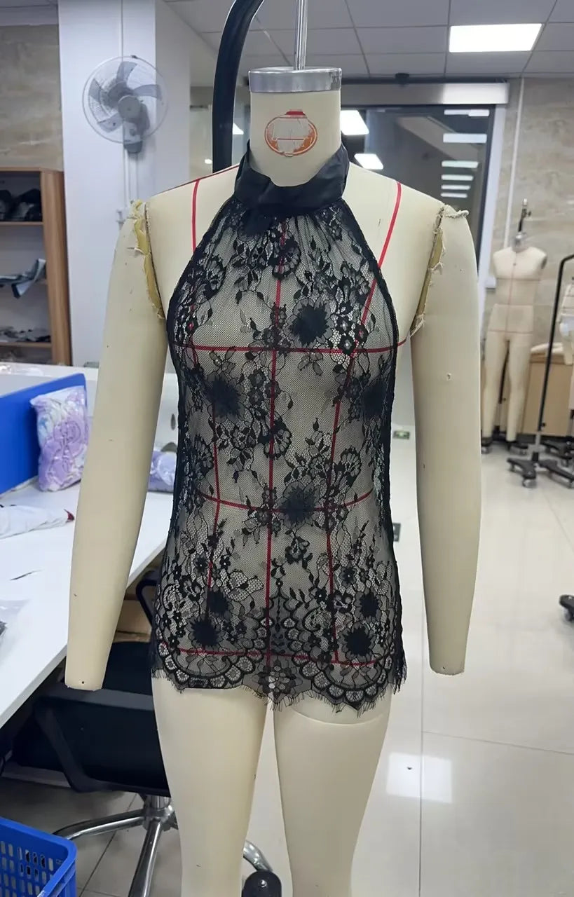 hirigin Sexy Women's Lace Halter Tops Stylish Solid Color Mesh See Through Slim Fit Backless Sleeveless Vest Party Clubwear