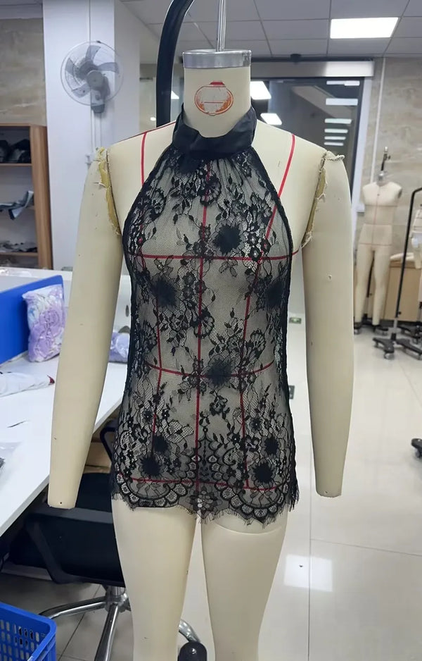 hirigin Sexy Women's Lace Halter Tops Stylish Solid Color Mesh See Through Slim Fit Backless Sleeveless Vest Party Clubwear