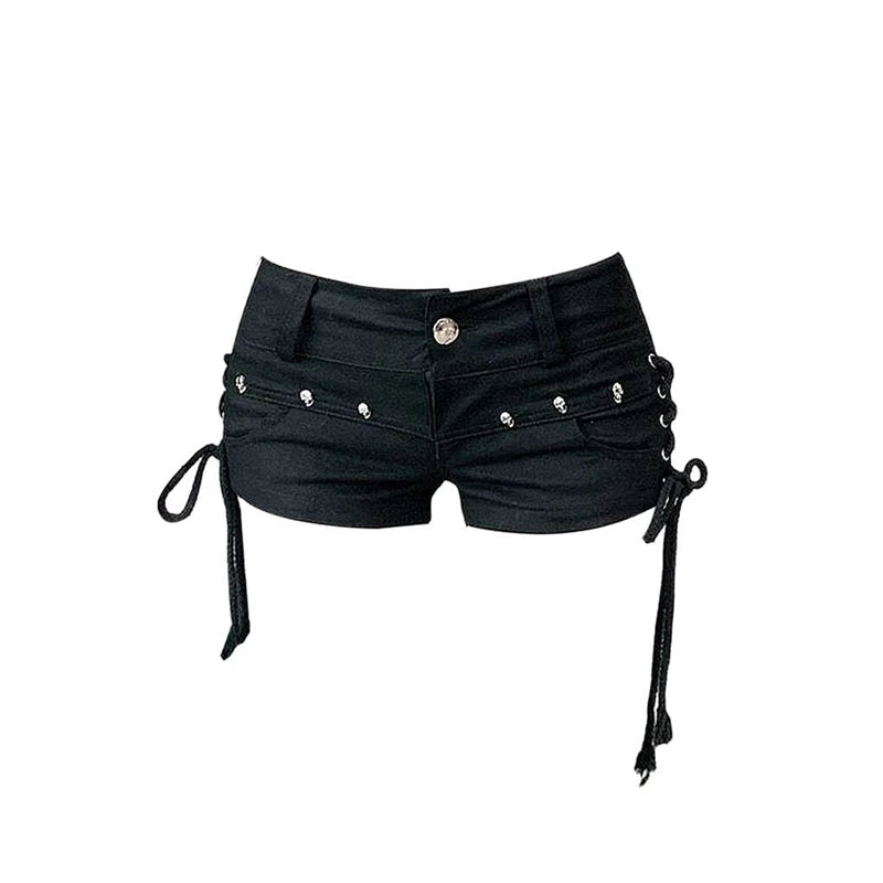 Morgana Gothic Low-Rise Lace-Up Black Denim Shorts Apparel One-piece