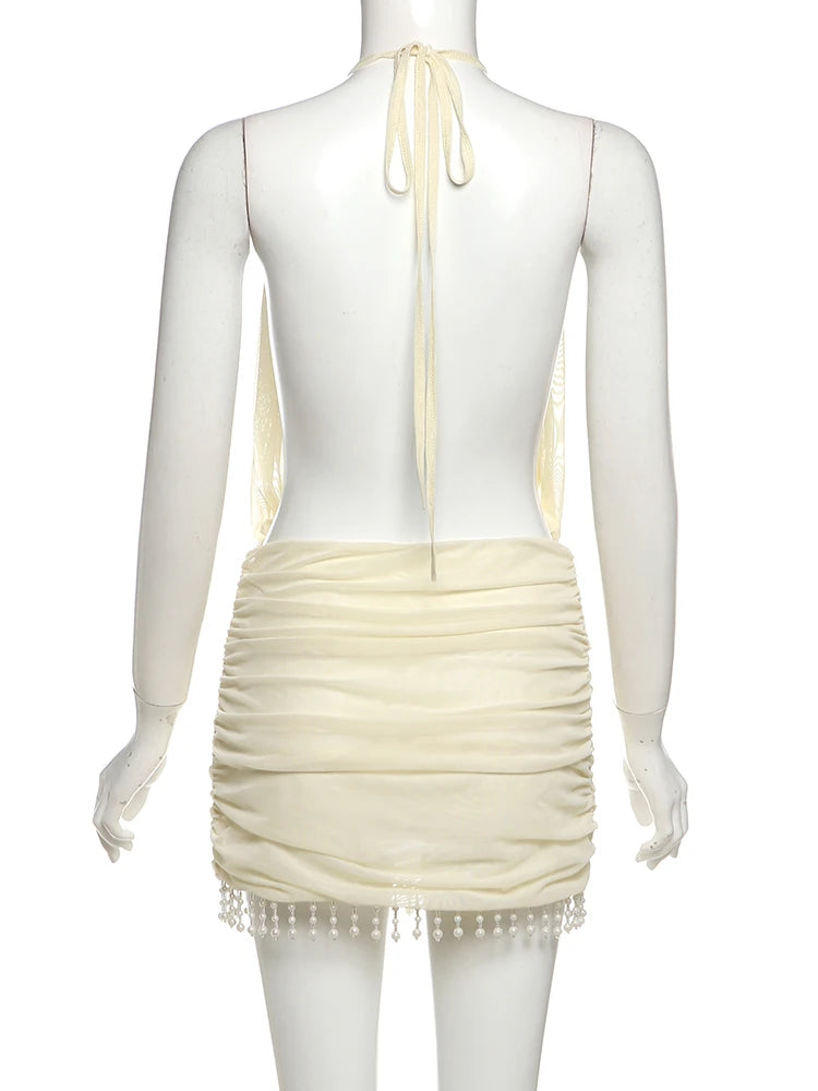 Celeste Pearl-Tassel Mesh Halter Mini Dress