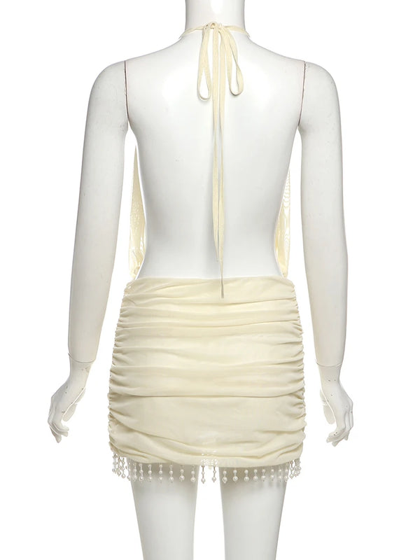 Celeste Pearl-Tassel Mesh Halter Mini Dress