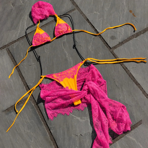 Henrika Lace Triangle Micro Bikini & Sarong Three-piece
