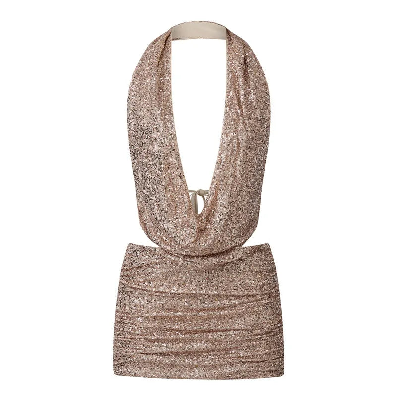 Wynonna Sequin Halter Cowl Crop Top & Mini Skirt Set