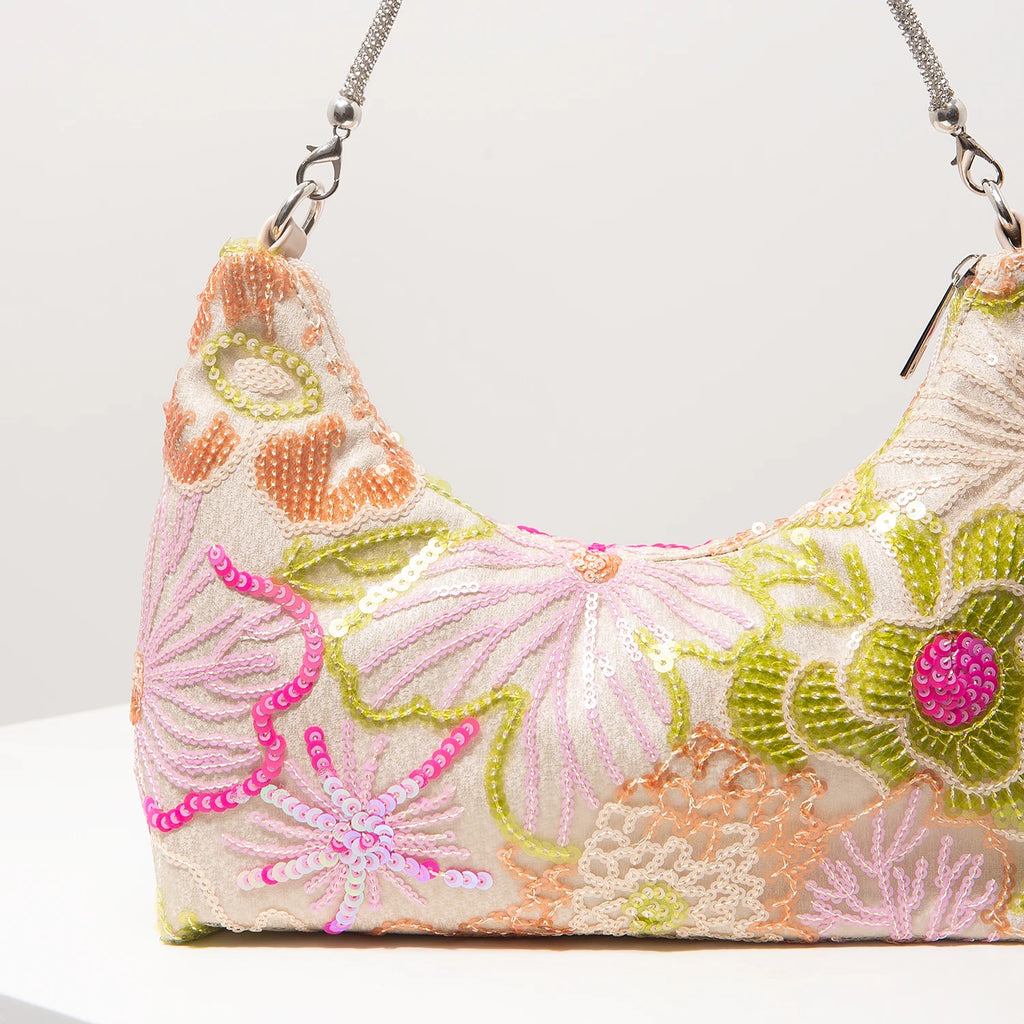 Florentina Floral Sequin Embroidered Half-Moon Shoulder Bag