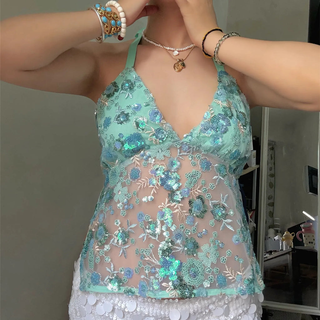 hirigin Sequin Halter Top for Women Sexy Deep V Neck Beaded Tops Sparkly Glitter Tank Top Going Out Rave Outfits Party Clubwear