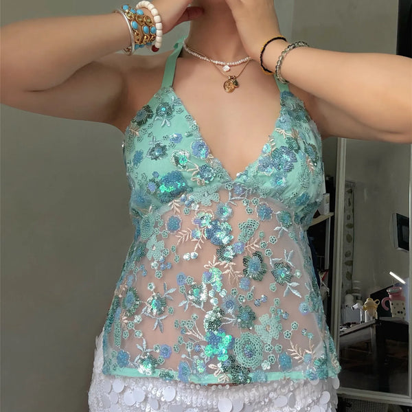 hirigin Sequin Halter Top for Women Sexy Deep V Neck Beaded Tops Sparkly Glitter Tank Top Going Out Rave Outfits Party Clubwear