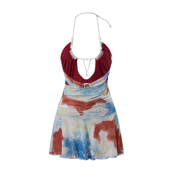 Freya Beaded-Chain Ruffle Halter Mini Dress