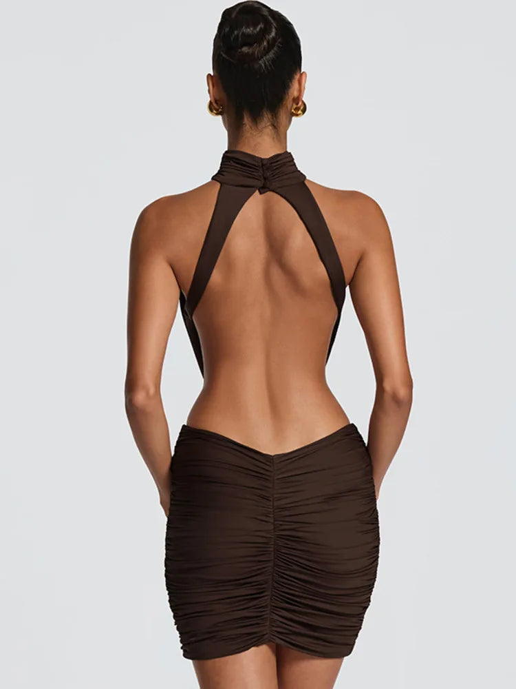 Marcella High-Neck Ruched Backless Mini Dress