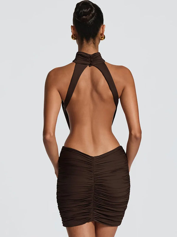 Marcella High-Neck Ruched Backless Mini Dress