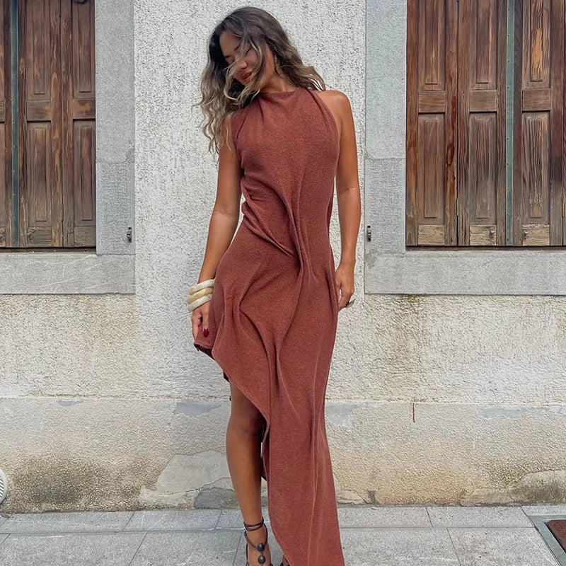 Amelie Ruched Asymmetrical Halter Maxi Dress