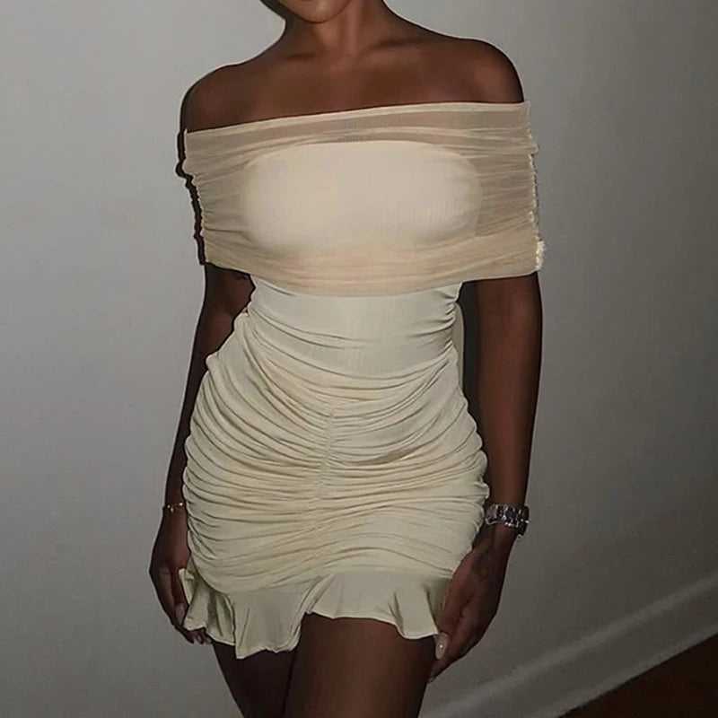 Noemi Khaki Mesh Ruffle Wrap Mini Dress