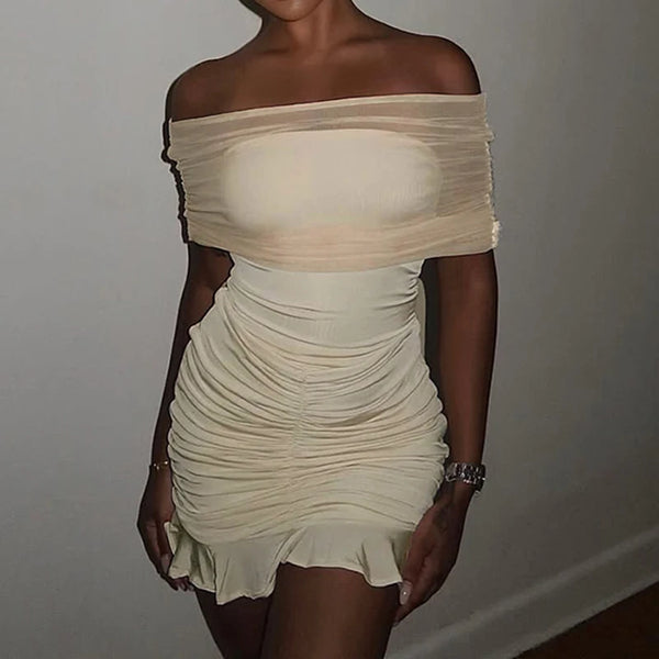 Noemi Khaki Mesh Ruffle Wrap Mini Dress