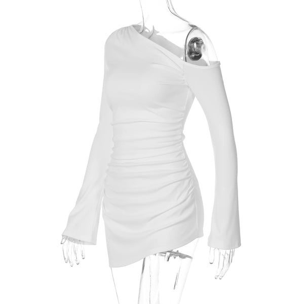 Dulzura Inclined Shoulder Long Sleeve Ruched Slim Irregular Mini Dress Women'S Solid Sexy Casual Dress Party Club Autumn Clothes