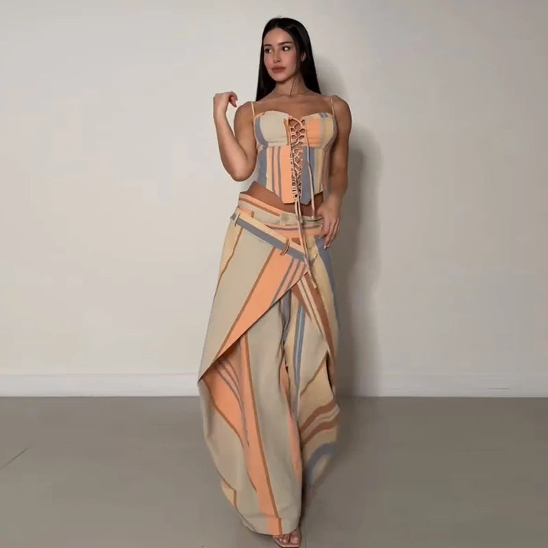 Valentina Striped Lace-Up Tube Top & Wrap Wide-Leg Pants Two-piece