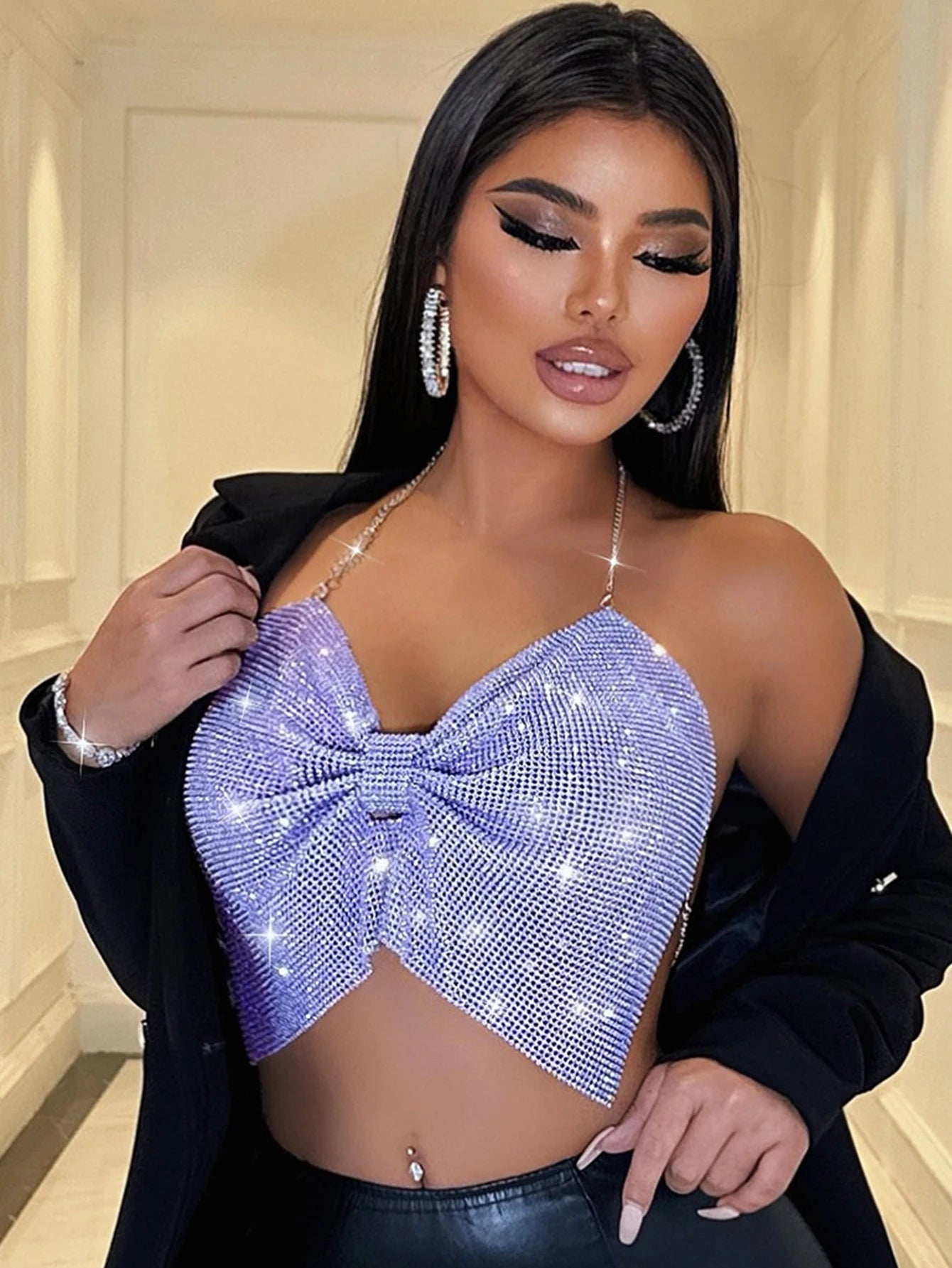 Zaria Purple Rhinestone Backless Corset Crop Top