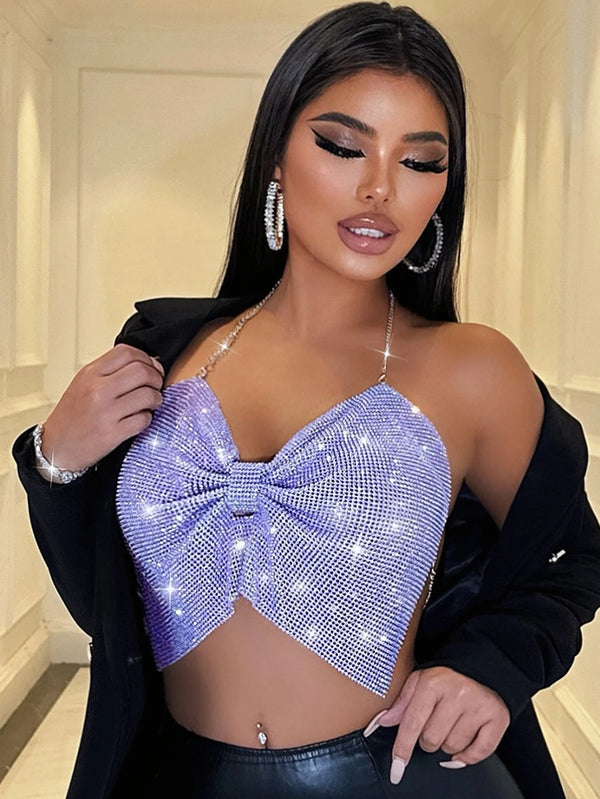 Zaria Purple Rhinestone Backless Corset Crop Top
