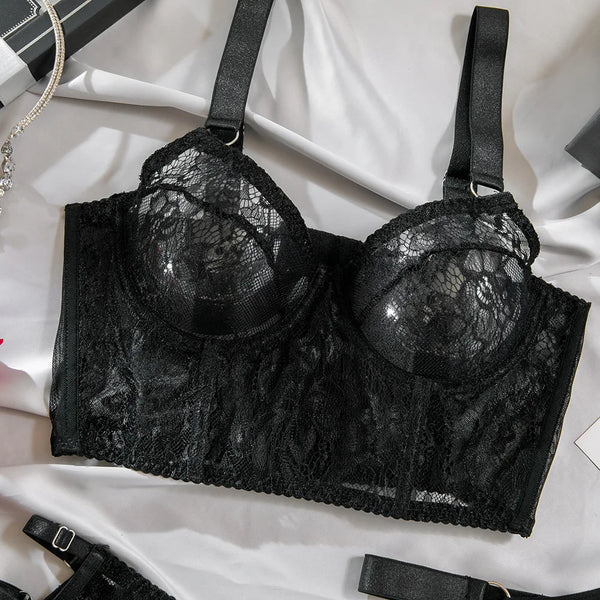 Severine Lace Longline Bra & Buckle-Strap Mini Skirt Lingerie Set