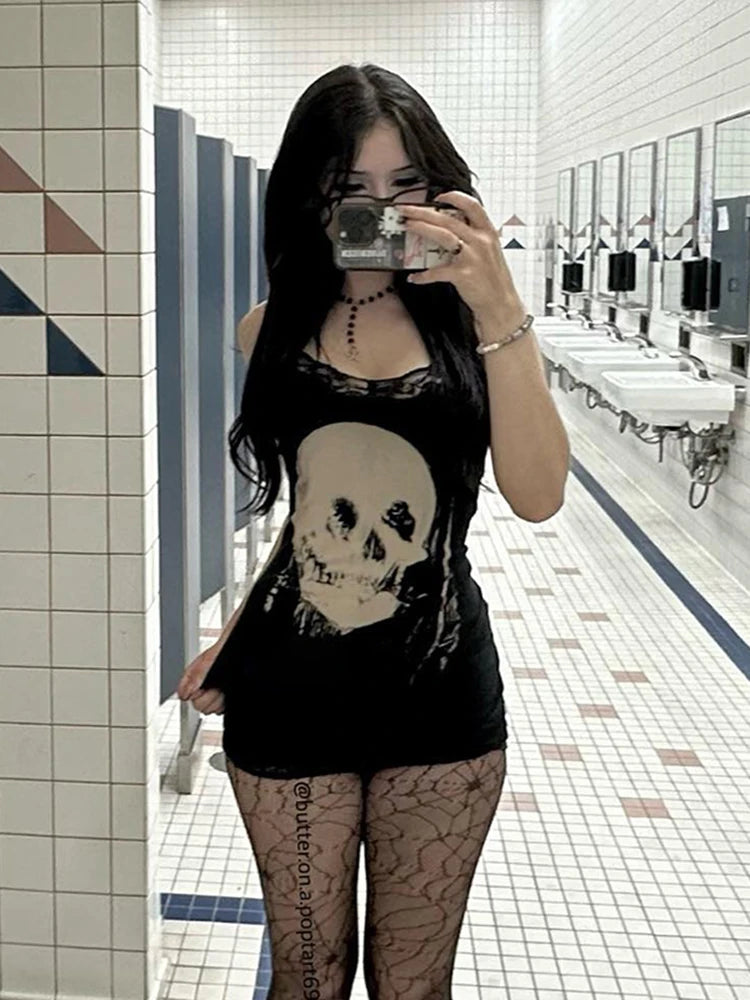 Nyx Skull-Print Gothic Bodycon Mini Dress
