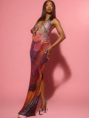 Aria Sunset Swirl Halter Mesh Maxi Dress