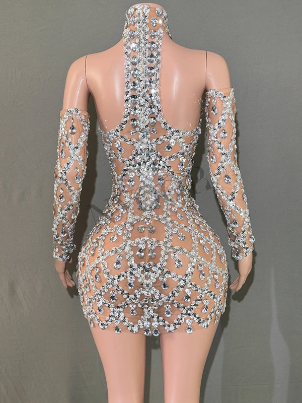 Calliope Rhinestone Performance Mini Dress & Gloves Two-piece