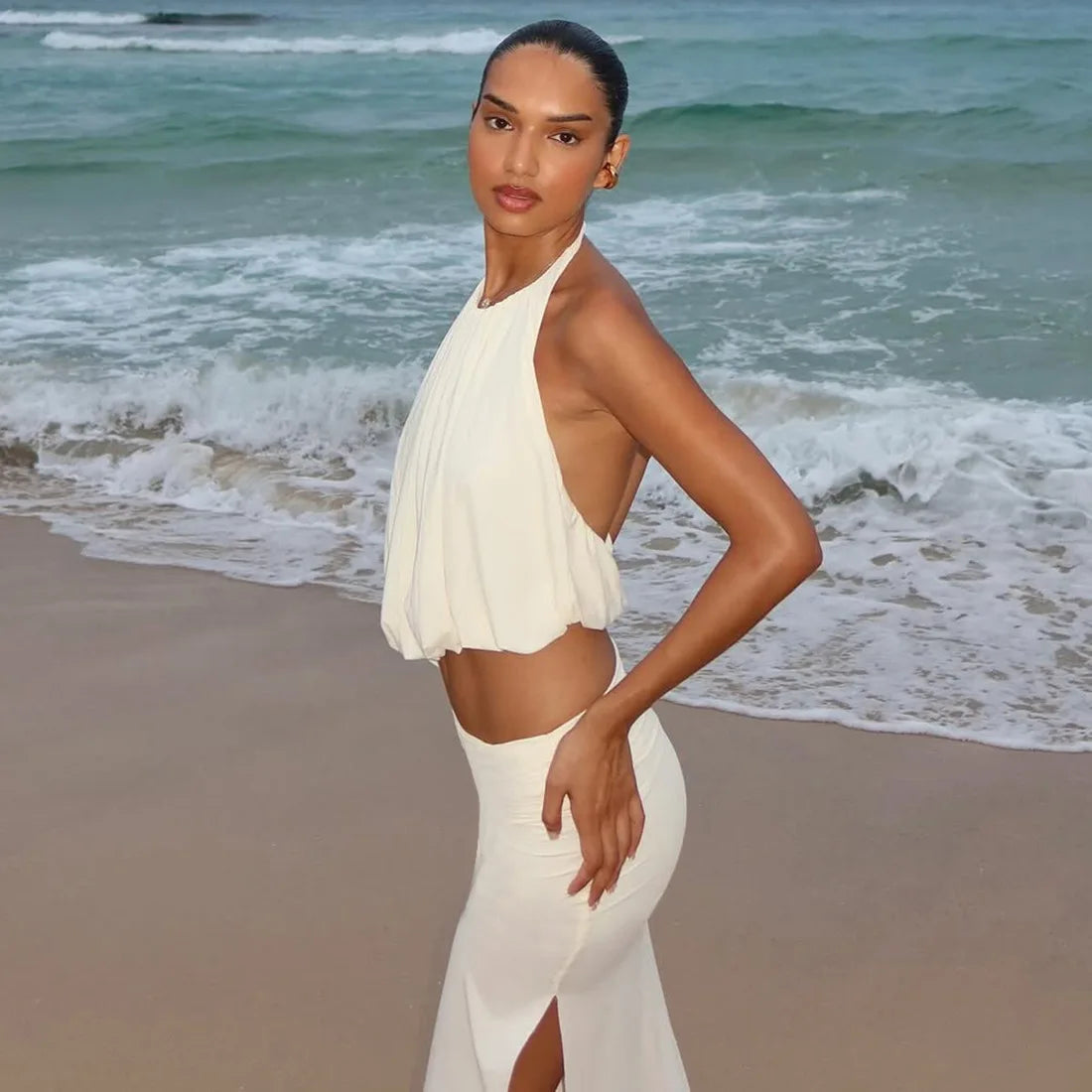 Ivory Ruched Halter High-Low Maxi Skirt Set Two-piece