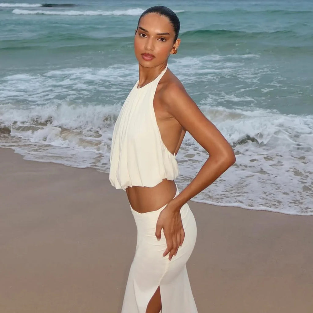 Ivory Ruched Halter High-Low Maxi Skirt Set Two-piece