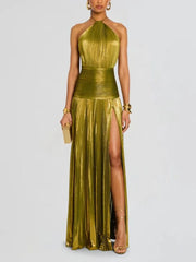 Alina Gold Pleated Halter Maxi Dress
