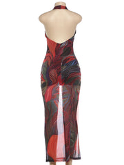Aria Sunset Swirl Halter Mesh Maxi Dress