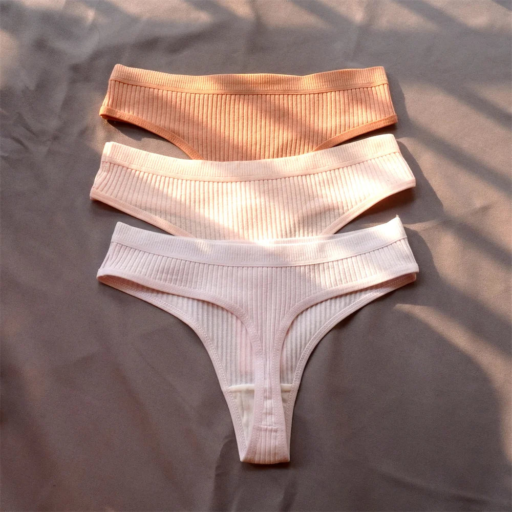 Mirelle Ribbed Cotton Thong Pack Lingerie 3-piece