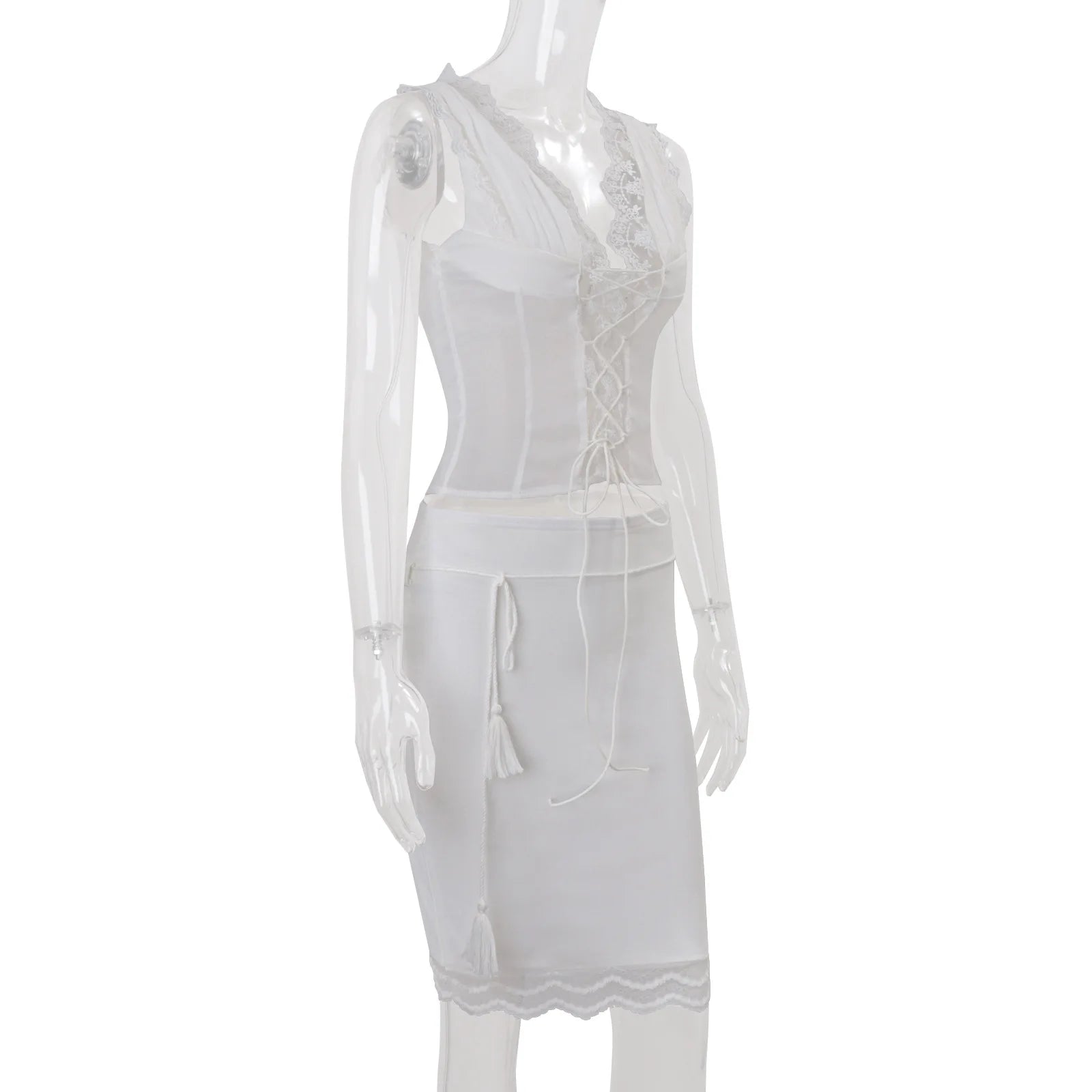 Celine Lace-Trim Deep-V Midi Skirt Set Two-piece