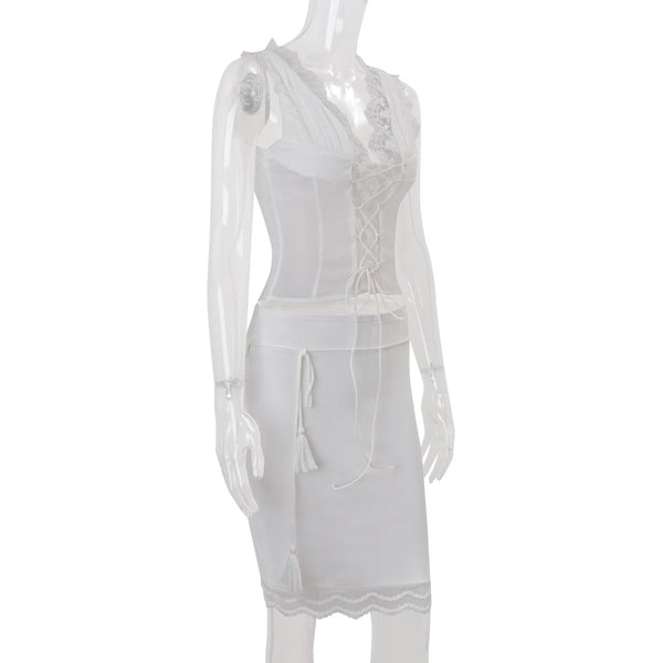 Celine Lace-Trim Deep-V Midi Skirt Set Two-piece