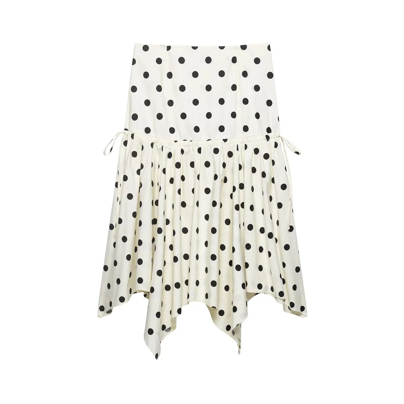 Women's Vintage Polka Dot Asymmetrical Hem Skirt White Black High Waist Drawstring Flowy Casual Midi Skirt Streetwear