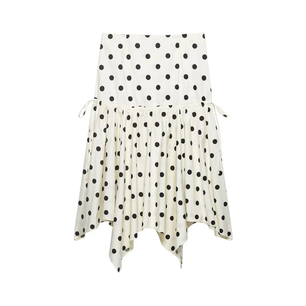 Women's Vintage Polka Dot Asymmetrical Hem Skirt White Black High Waist Drawstring Flowy Casual Midi Skirt Streetwear