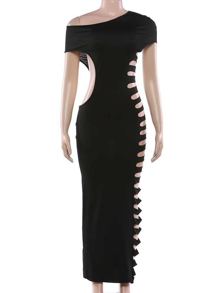Kliou Sexy Fashion Long Dress Woman Skew Collar Off Shoulder Side Hollow Design Midnight Club Party Hipster Coquettish Vestidos