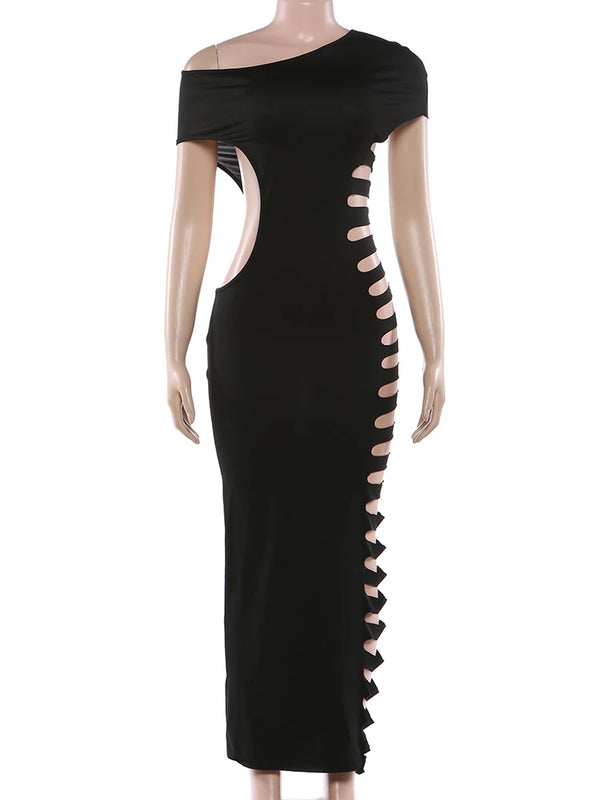 Kliou Sexy Fashion Long Dress Woman Skew Collar Off Shoulder Side Hollow Design Midnight Club Party Hipster Coquettish Vestidos