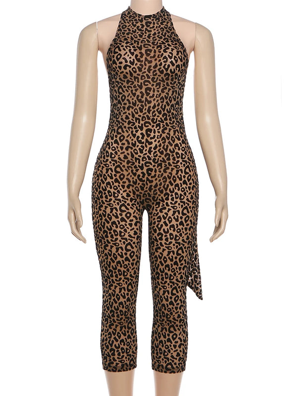 Kliou Leopard Print Playsuits Woman Bandage Halter Backless Sleeveless Skinny Peach Hip Hot Girls Street Style Classic Rompers