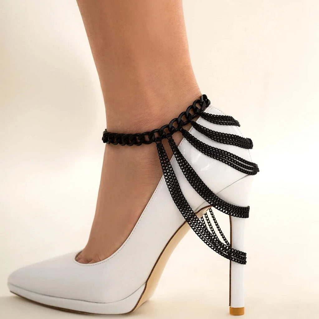 Sexy Elegant Multilayer Long Tassel Chain Anklets for Women Exquisite Gold Color High Heel Shoes Feet Chains Wed Party Jewelry