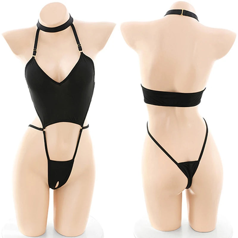 Erotic Crotchless Lingerie Women Hollow Bodysuit One Pieces Thong Sexy Costumes Deep V Neck Teddy Babydoll Dress Porno Underwear