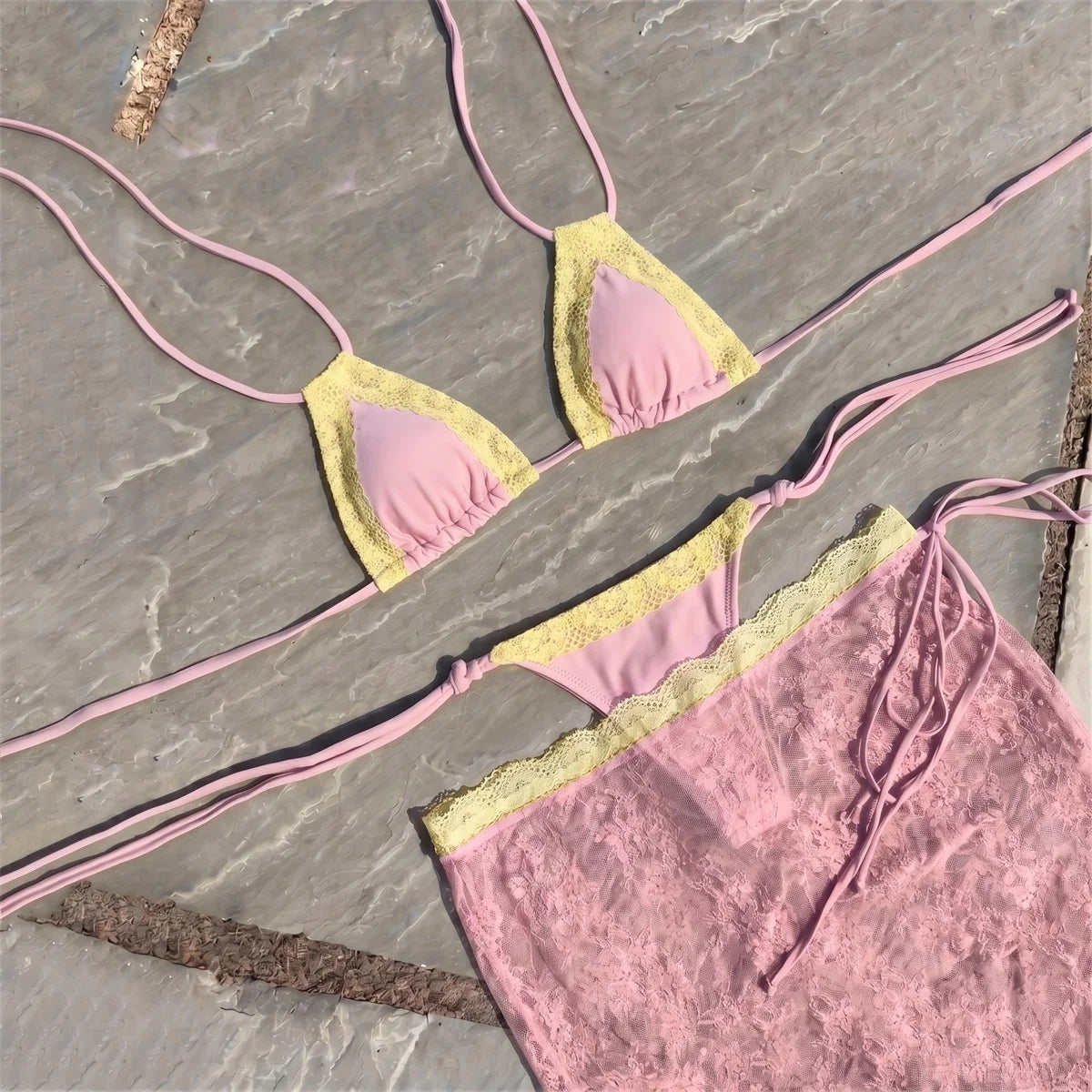 Henrika Lace Triangle Micro Bikini & Sarong Three-piece