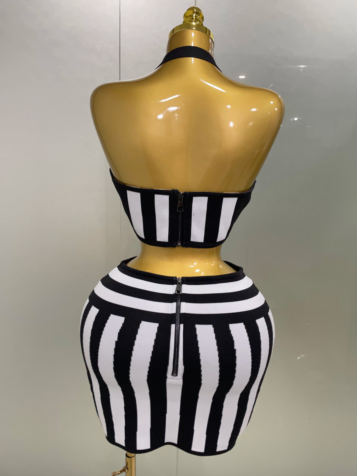 Dagmar Striped Jacquard Bandage Halter Crop Top & Bodycon Mini Skirt Two-piece