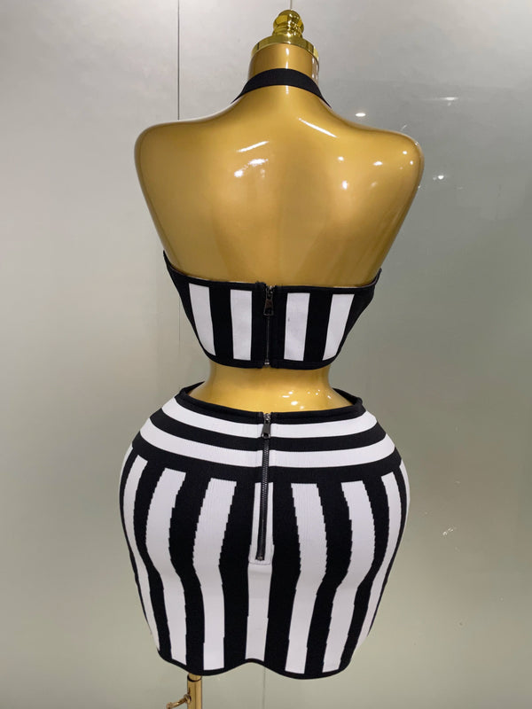 Dagmar Striped Jacquard Bandage Halter Crop Top & Bodycon Mini Skirt Two-piece