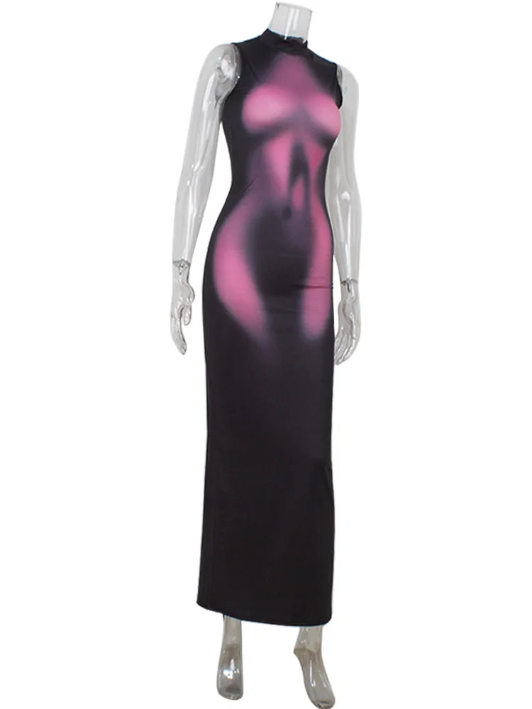 Annunziata Abstract Print Turtleneck Sleeveless Bodycon Maxi Dress