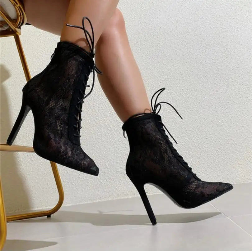2025 New Black Mature Mesh Women Boots High Heel Pumps Floral Lace-Up Thin High Heels Ankle Pointed Toed Party Wedding Shoes