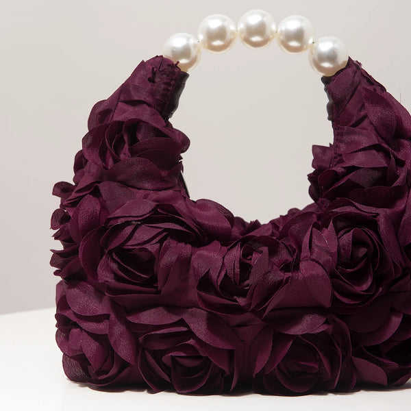 Rosalind Satin Rosette Pearl-Handle Half-Moon Evening Bag