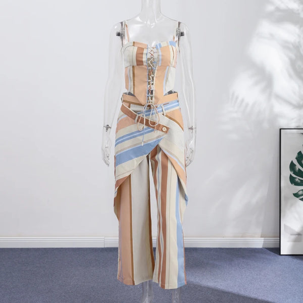 Valentina Striped Lace-Up Tube Top & Wrap Wide-Leg Pants Two-piece