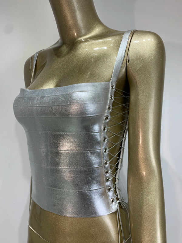 Women Summer Sexy Lacing Bronzing Gold Silver Bodycon Bandage Tops Celebrity Designer Fashion High Street Top