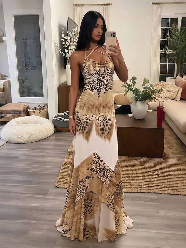 Savanna Leopard Lace-Up Halter Maxi Dress