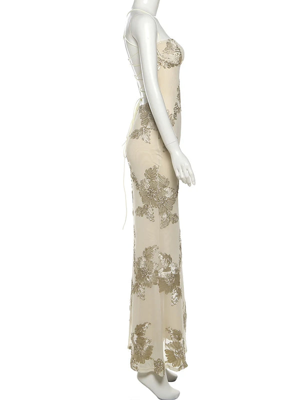 Isabella Spaghetti Strap Floral Embroidered Bodycon Maxi Dress