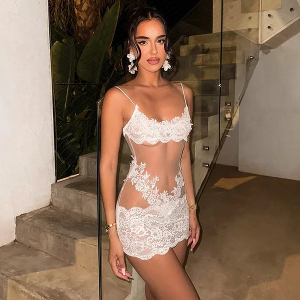 Verbena Sheer Lace Appliqué Mesh Cami Bodycon Mini Dress