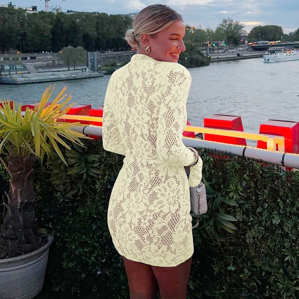 Pearl Lace Keyhole Flare-Sleeve Mini Dress
